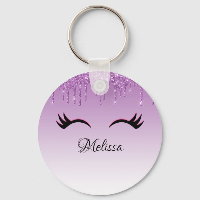 Stylish Pink & Black Eyelashes on Dripping Glitter Keychain (Front)