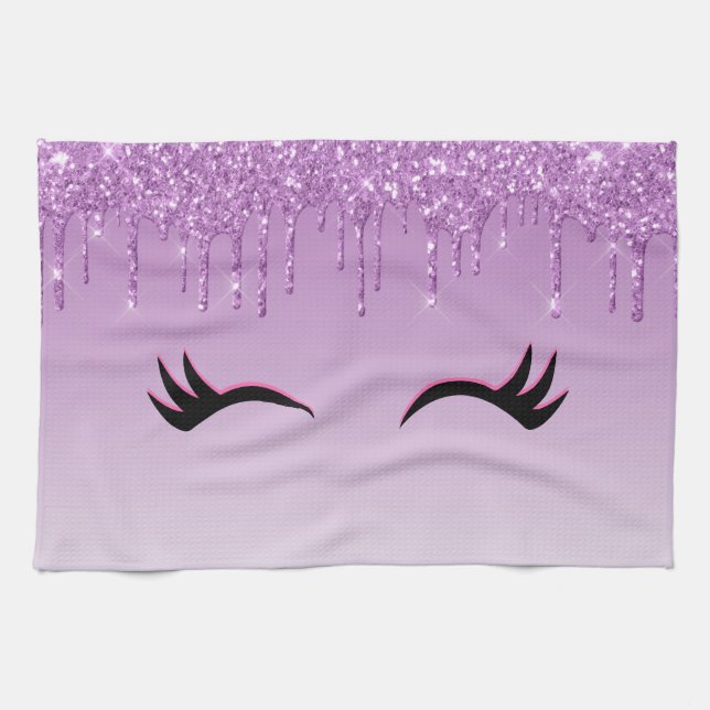 Stylish Pink & Black Eyelashes on Dripping Glitter Kitchen Towel (Horizontal)