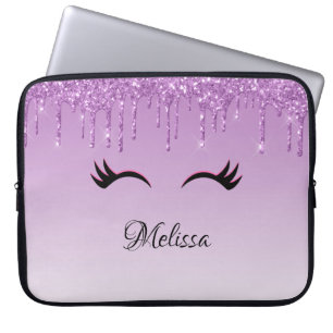 Stylish Pink & Black Eyelashes on Dripping Glitter Laptop Sleeve