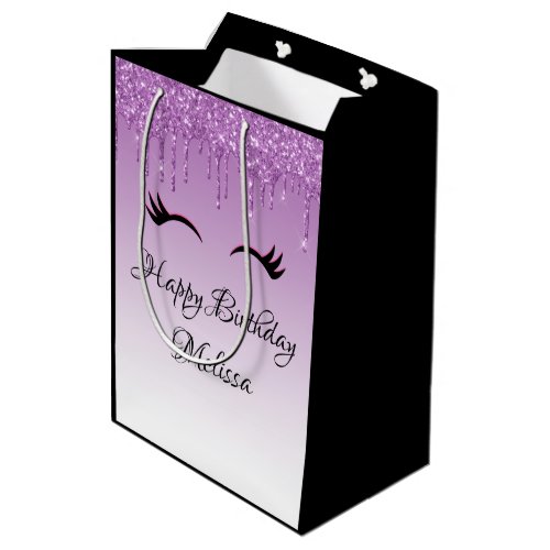 Stylish Pink  Black Eyelashes on Dripping Glitter Medium Gift Bag