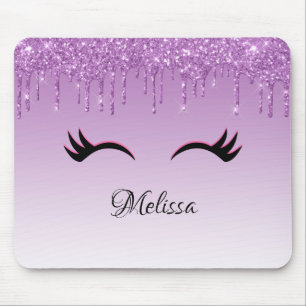 Stylish Pink & Black Eyelashes on Dripping Glitter Mouse Pad