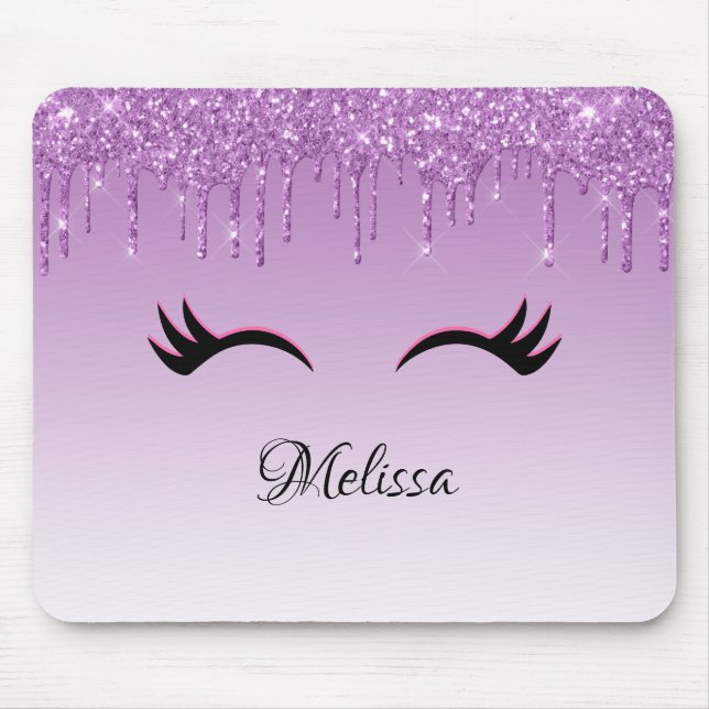 Stylish Pink & Black Eyelashes on Dripping Glitter Mouse Pad (Front)