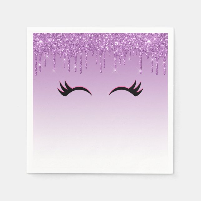 Stylish Pink & Black Eyelashes on Dripping Glitter Napkins (Front)