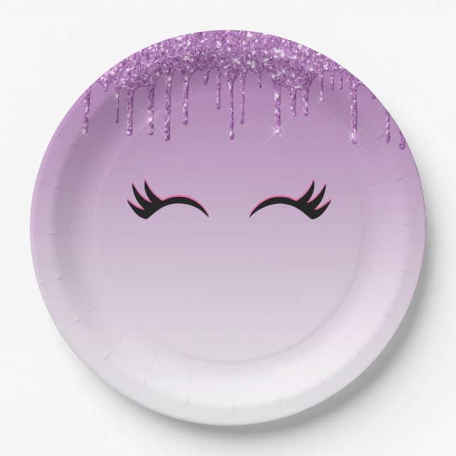 Stylish Pink & Black Eyelashes on Dripping Glitter Paper Plates (Front)