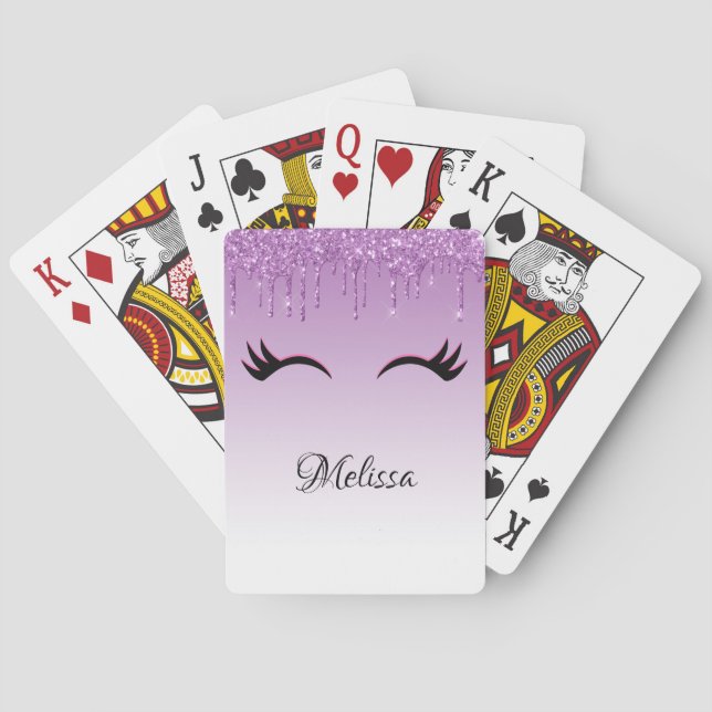 Stylish Pink & Black Eyelashes on Dripping Glitter Poker Cards (Back)