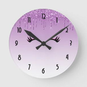 Stylish Pink & Black Eyelashes on Dripping Glitter Round Clock