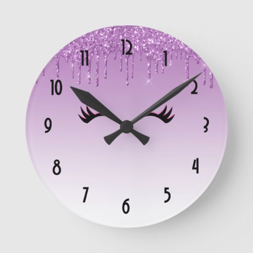 Stylish Pink  Black Eyelashes on Dripping Glitter Round Clock