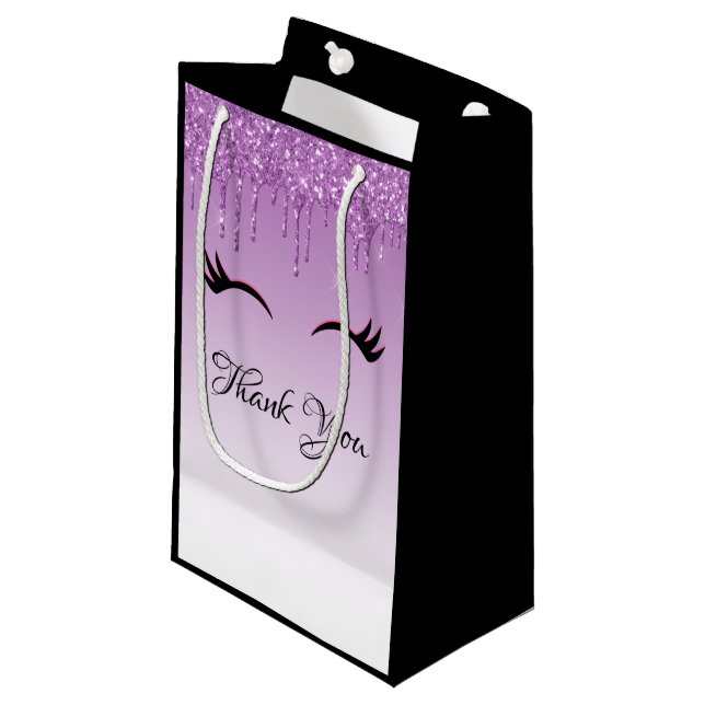 Stylish Pink & Black Eyelashes on Dripping Glitter Small Gift Bag (Front Angled)