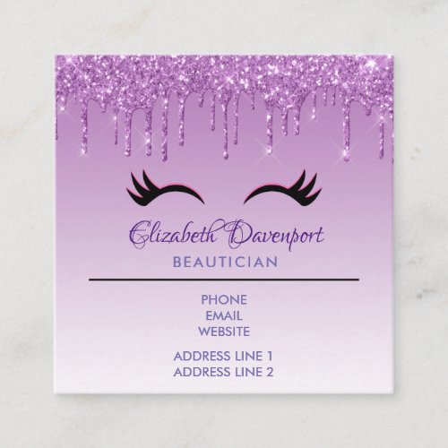 Stylish Pink  Black Eyelashes on Dripping Glitter Square Business Card