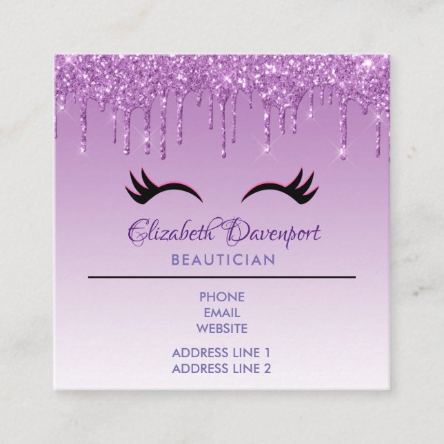 Stylish Pink & Black Eyelashes on Dripping Glitter Square Business Card (Front)