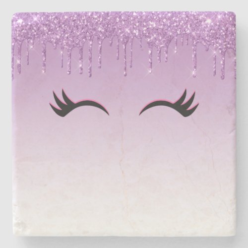 Stylish Pink  Black Eyelashes on Dripping Glitter Stone Coaster