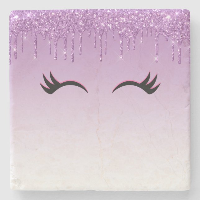 Stylish Pink & Black Eyelashes on Dripping Glitter Stone Coaster (Front)