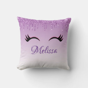 Stylish Pink & Black Eyelashes on Dripping Glitter Throw Pillow