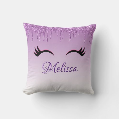 Stylish Pink  Black Eyelashes on Dripping Glitter Throw Pillow