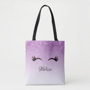 Stylish Pink & Black Eyelashes on Dripping Glitter Tote Bag