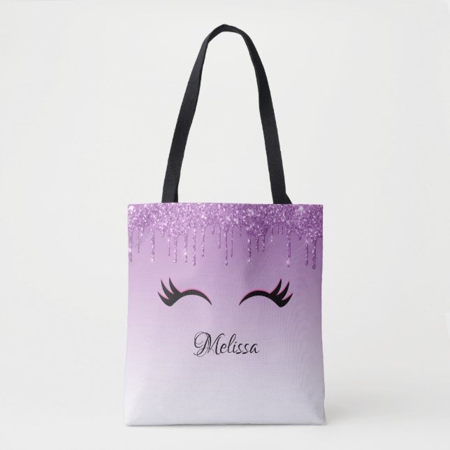 Stylish Pink & Black Eyelashes on Dripping Glitter Tote Bag (Front)
