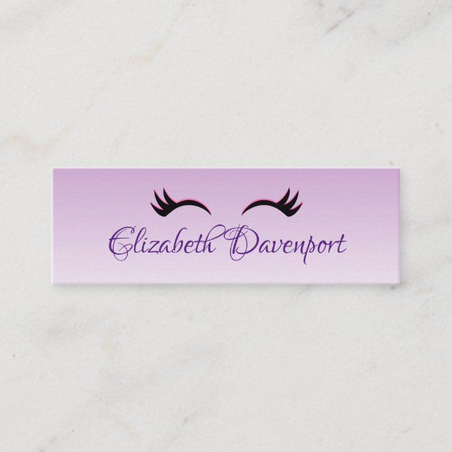 Stylish Pink & Black Eyelashes on Purple Gradient Mini Business Card (Front)