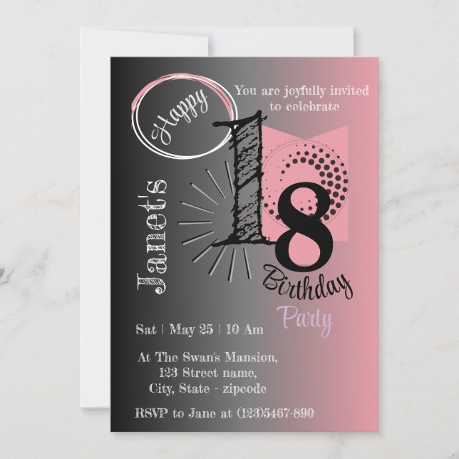 Stylish Pink & Black Gradient Geometric Birthday Invitation (Front)