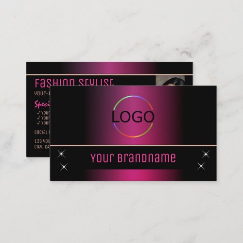Stylish Pink Black Modern with Logo and Photo Business Card