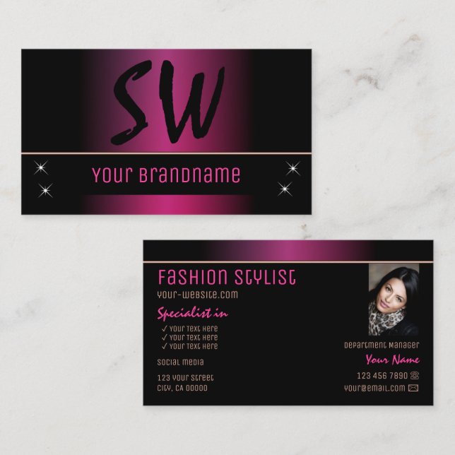 Stylish Pink Black Modern with Monogram and Photo Business Card (Front/Back)