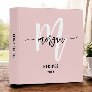 Stylish Pink Black Monogram Recipe Book 3 Ring Binder
