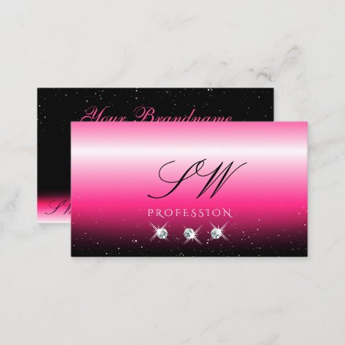 Stylish Pink Black Ombre Sparkle Diamonds Initials Business Card