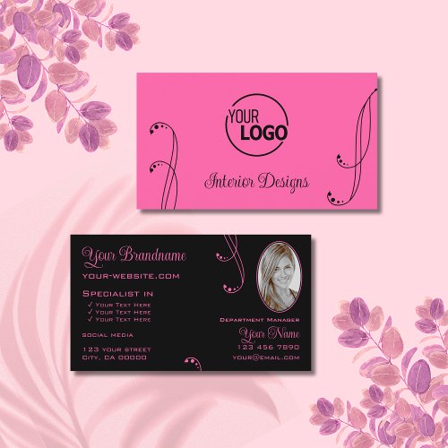 Stylish Pink Black Ornate with Logo and Photo Business Card