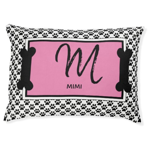 Stylish Pink Black White Personalized Paw Pattern Pet Bed