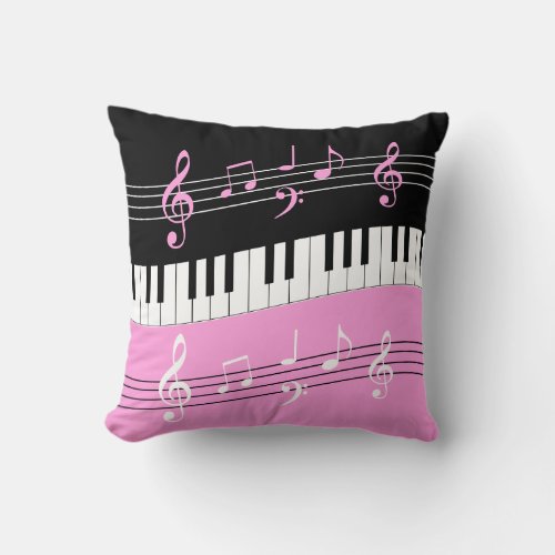 Stylish Pink Black White Piano Keys and Notes Throw Pillow