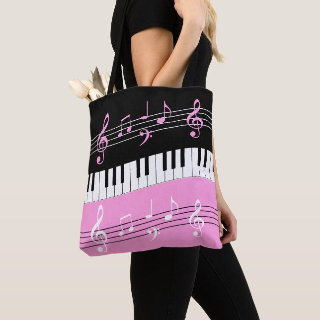 Stylish pink Black White Piano Keys and Notes Tote Bag (Close Up)