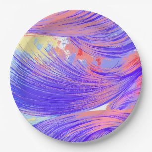 Stylish Pink Blue Abstract Feathers Paper Plates