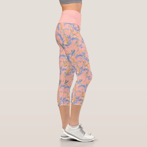 Stylish Pink Blue Arabesque Pattern Yoga Exercise Capri Leggings