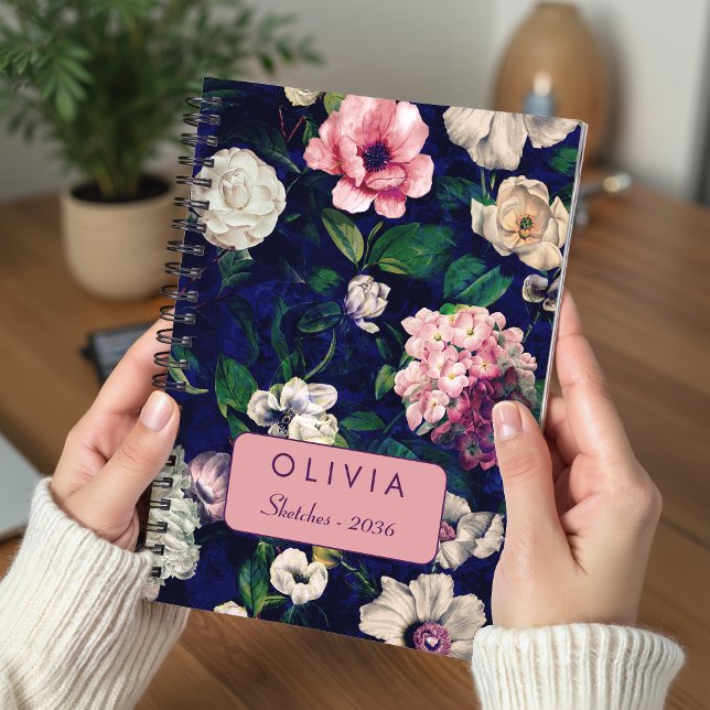 Stylish Pink Blue Floral Monogram Pattern Notebook (Creator Uploaded)