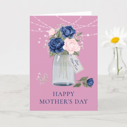 Stylish Pink Blue Floral Photo Happy Mothers Day Card