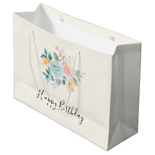 Stylish Pink & Blue Flower Bouquet Birthday Large Gift Bag