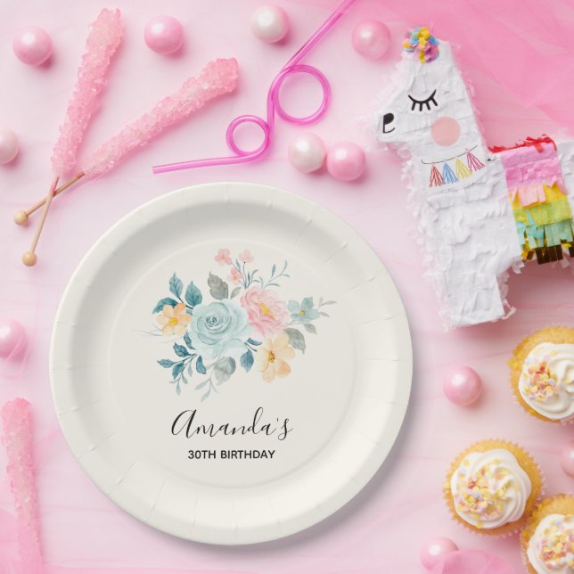 Stylish Pink & Blue Flower Bouquet Birthday Paper Plates (Party)