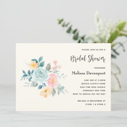Stylish Pink  Blue Flower Bouquet Bridal Shower Invitation