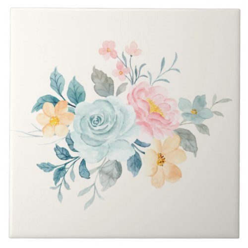 Stylish Pink  Blue Flower Bouquet Ceramic Tile