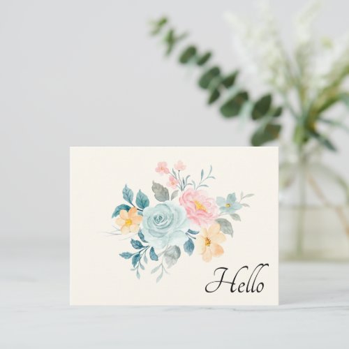 Stylish Pink  Blue Flower Bouquet Hello Postcard