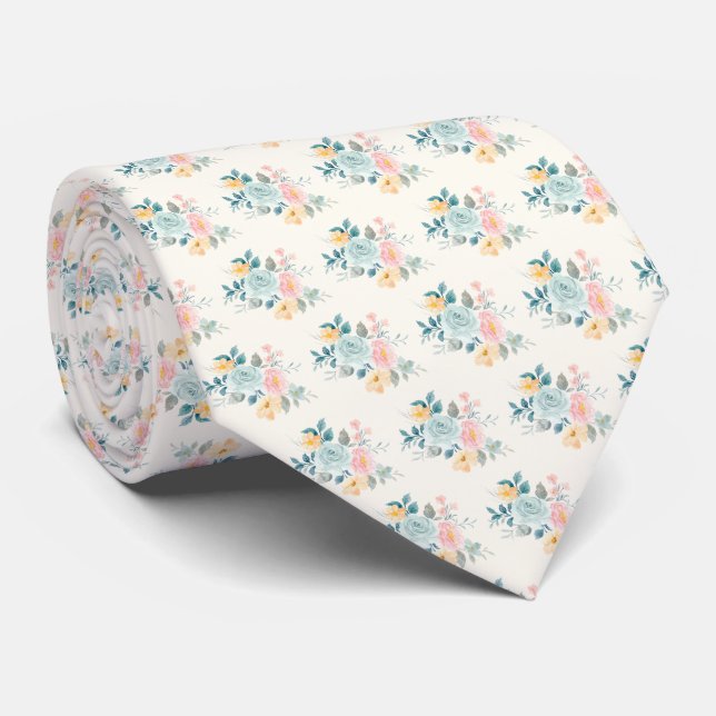 Stylish Pink & Blue Flower Bouquet Neck Tie (Rolled)