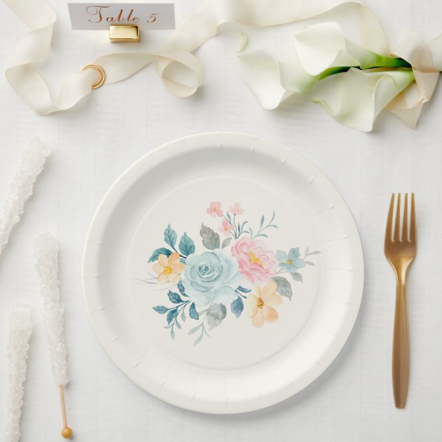 Stylish Pink & Blue Flower Bouquet Paper Plates (Wedding)