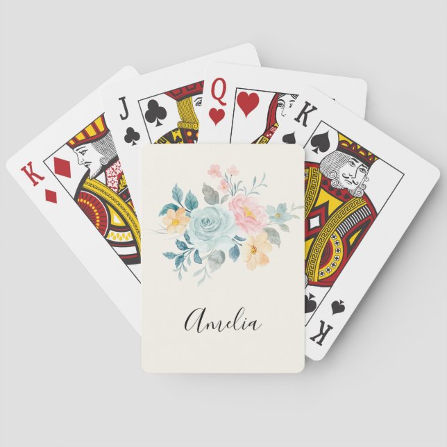 Stylish Pink & Blue Flower Bouquet Poker Cards (Back)