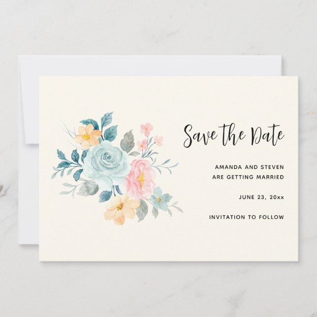 Stylish Pink & Blue Flower Bouquet Save The Date (Front)