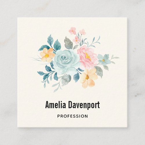 Stylish Pink  Blue Flower Bouquet Square Business Card