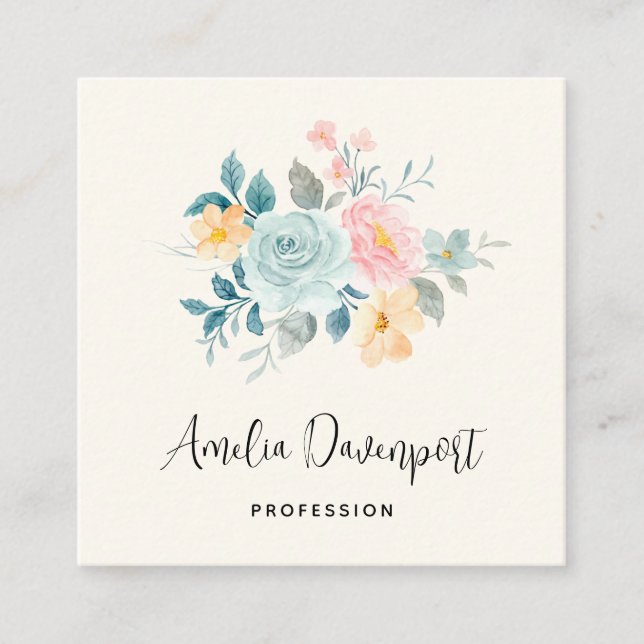 Stylish Pink & Blue Flower Bouquet Square Business Card (Front)