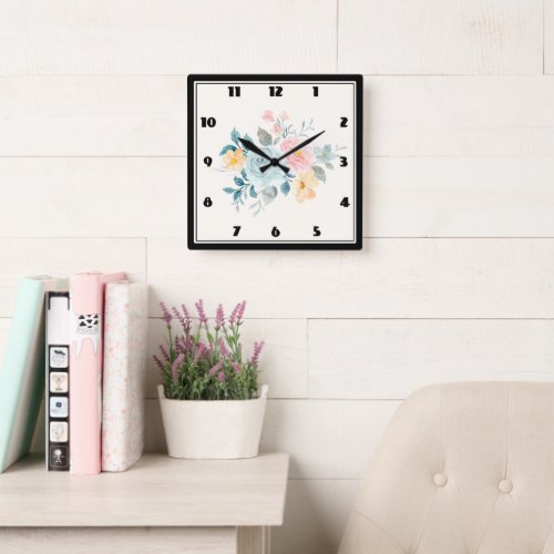 Stylish Pink  Blue Flower Bouquet Square Wall Clock