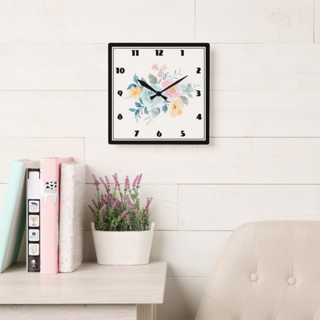 Stylish Pink & Blue Flower Bouquet Square Wall Clock (Reading Room)