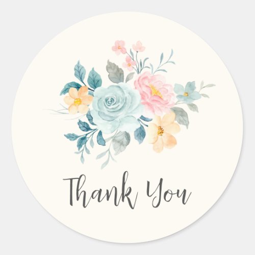 Stylish Pink  Blue Flower Bouquet Thank You Classic Round Sticker
