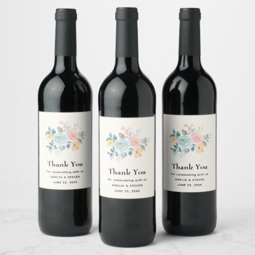 Stylish Pink  Blue Flower Bouquet Thank You Event Wine Label