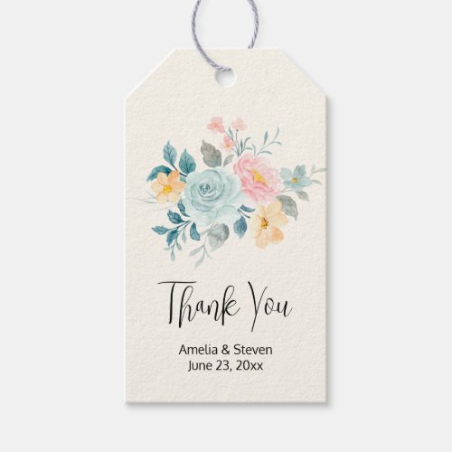 Stylish Pink  Blue Flower Bouquet Wedding Gift Tags